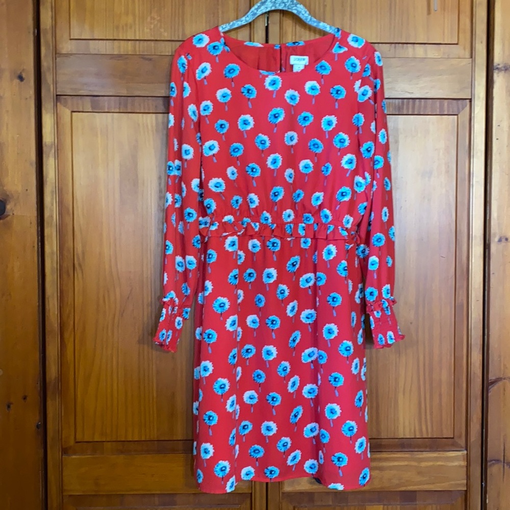 Women’s J Crew Red & Blue Floral Print Ruffle Waist Long Sleeve Dress Size 8